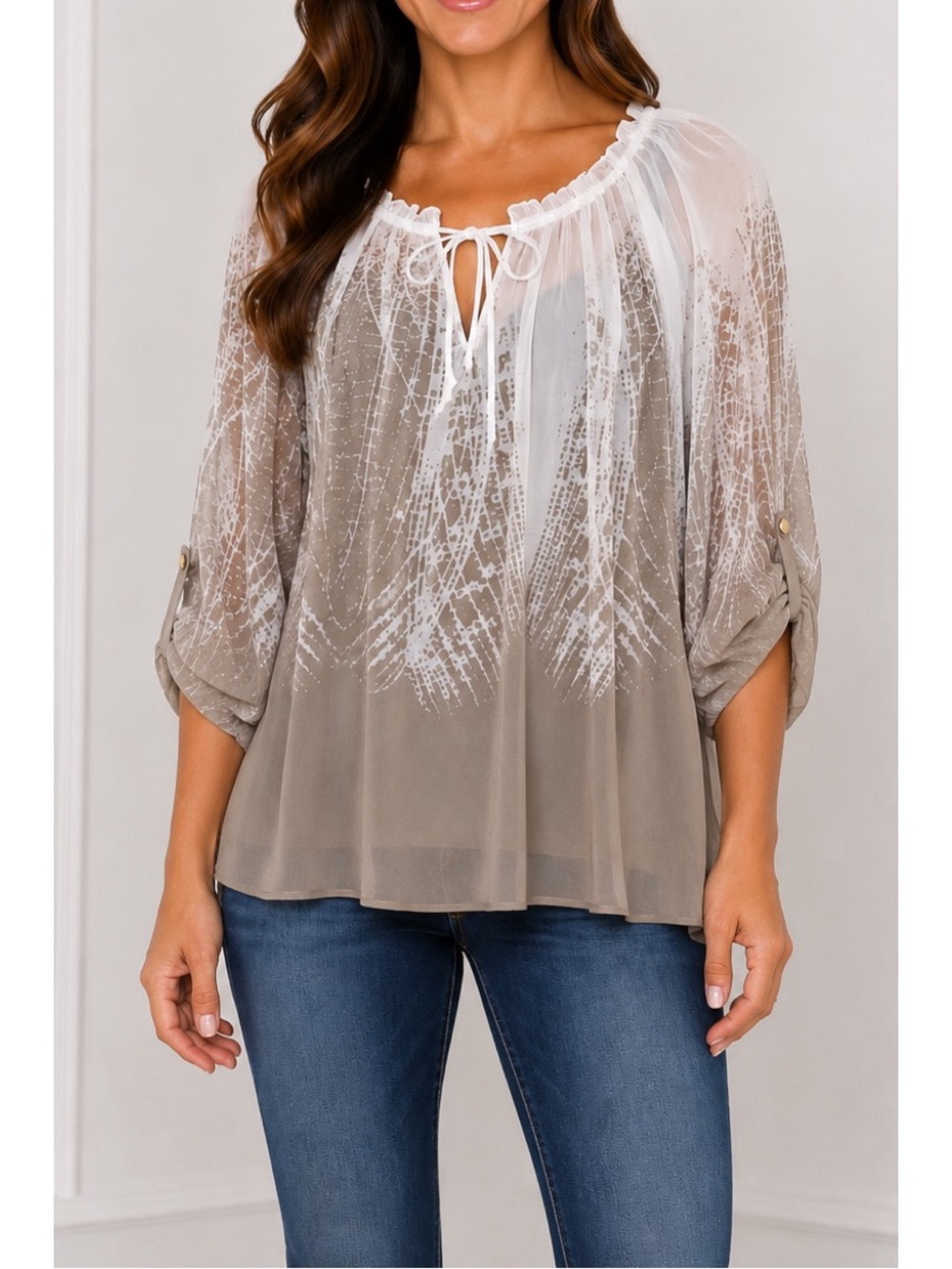 Kenzie Taupe Sheer Printed Blouse